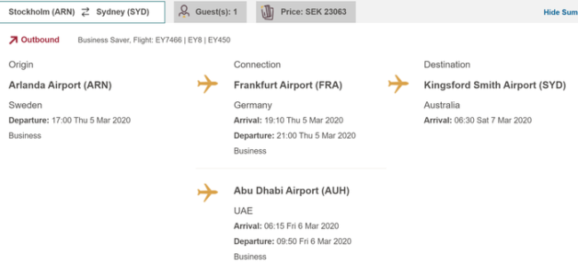Etihad business class deal to Australia